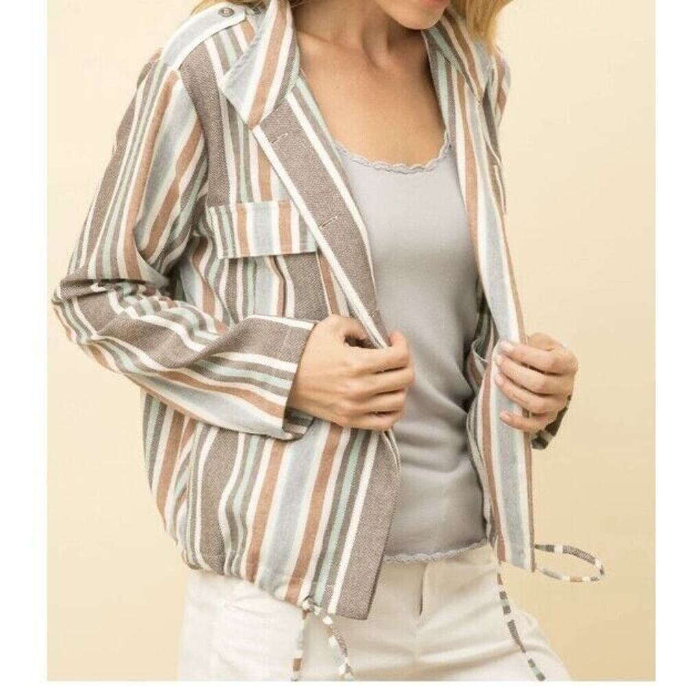 Mystree Size L Linen Blend Jacket Long Sleeve Striped Blue Gray Brown - Picture 2 of 13